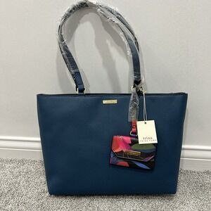Trina Turk Satchel Purse Handbag Double Top Strap Card Wallet Blue NWT $78MSRP